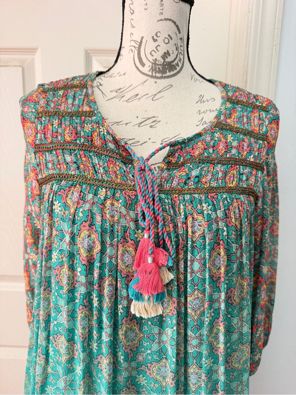 Boho Teal Print Tassel Peasant Dress - Picture 3 of 11